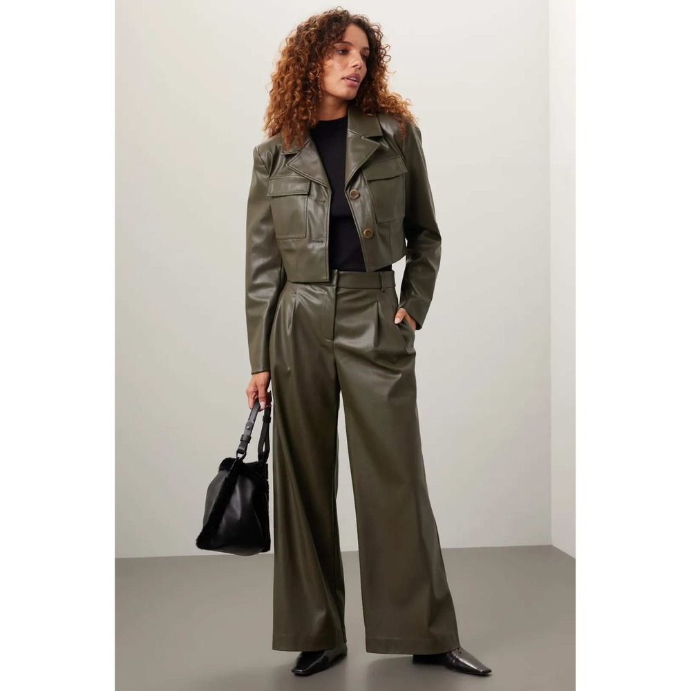 Saunders Collective Olive Green Faux Leather Wide Leg Pleated Pants Size 4